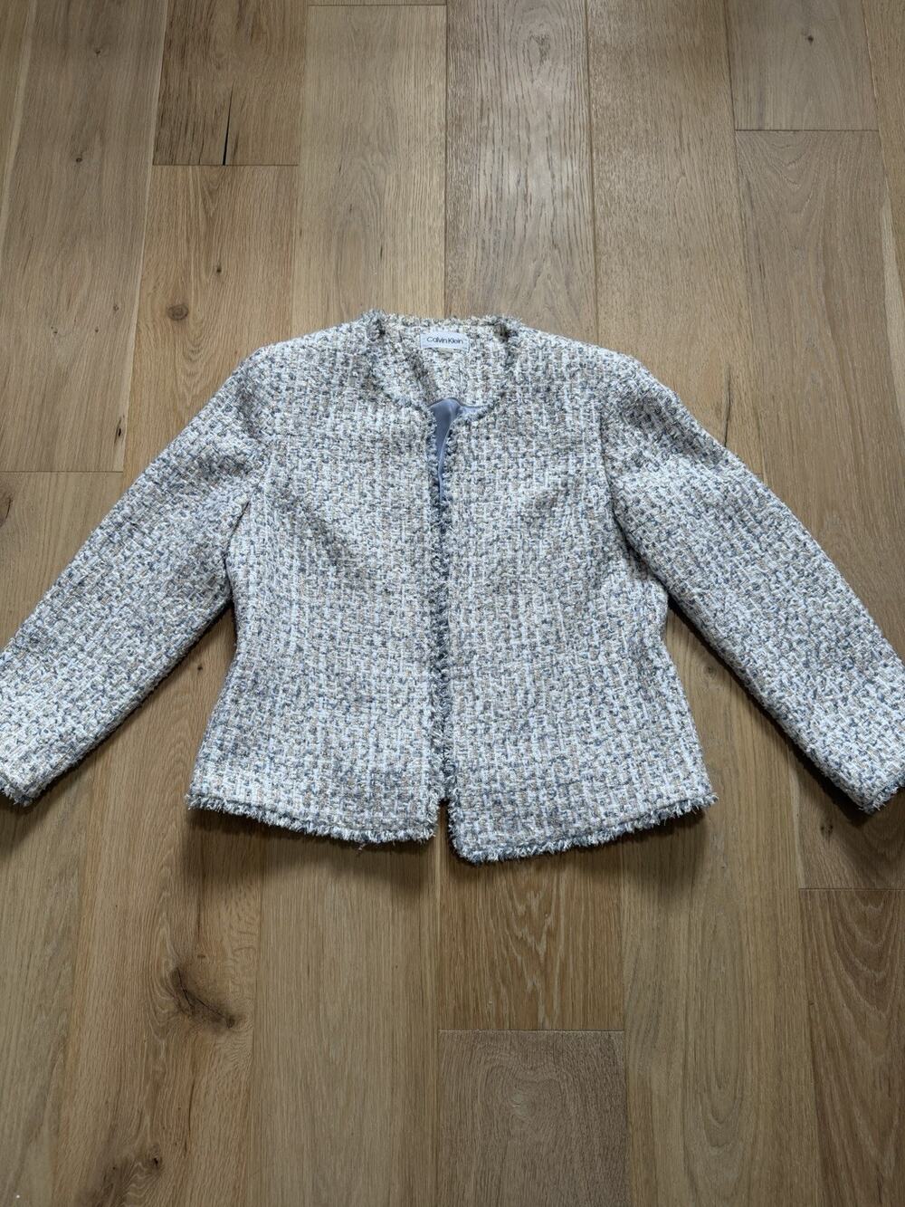 Calvin Klein Cropped Tweed Blue White Blazer Jacket Boucle Fringe 12 Office Chic